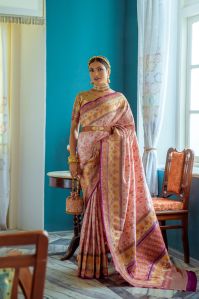 AF830 Baby Pink Zari Woven Patola Silk Banarasi Saree With Blouse