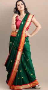 Dark Green & Red Cotton Silk Saree