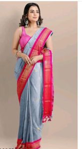 Grey & Pink Cotton Silk Saree