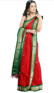 Red & Green Cotton Silk Saree