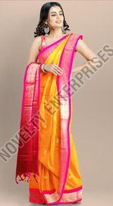 Yellow & Pink Cotton Silk Saree, Speciality : Shrink-Resistant