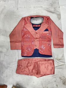 Reddish Pink Boy Five Piece Coat Pant Set