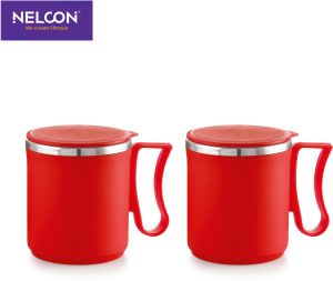 SS Double Wall Flute Coffee Mug-red, Handle Material : Steel