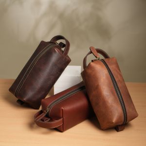 Plain Leather Toiletry Bag, Color : Dark Brown, Brown, Black Multi Sizes For Travel, Office