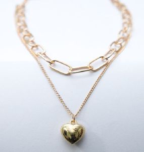 Golden Heart Shape Double Chain Necklace For Woman