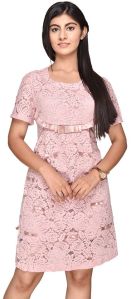 Pink Party Wear Netted Pattern Dress For Girls