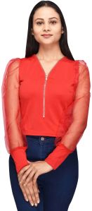 Red Front Zip Netted Top Foe Women