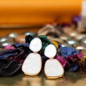 White Pearl With Golden Outlines Earrings For Woman