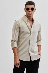 Beige Solid Oxford Mens Shirt