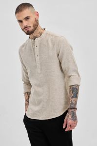 Beige Textured Mens Slim Fit Kurta