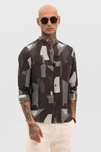 Black Abstract Mandarin Mens Shirt
