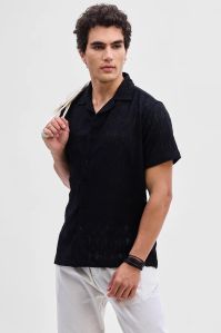 Black Self-design Mens Crochet Shirt