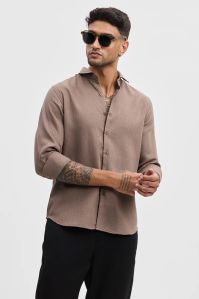 Brown Self-design Mens Slim Fit Shirt