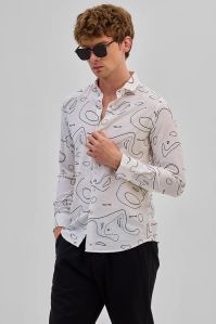 Cream Abstract Mens Slim Fit Shirt