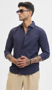 Dark Blue Self-design Mens Shirt