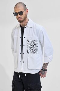 White Geometric Printed Mens Jacket