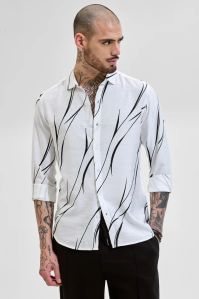 White Printed Mens Slim Fit Shirts