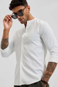 White Self-design Mandarin Mens Shirt