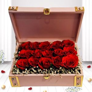 Delicate Red Rose Ensemble In Pink Box