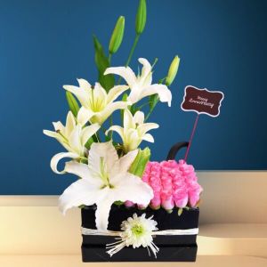 Elegant White Lilies & Pink Roses Anniversary Gift Box