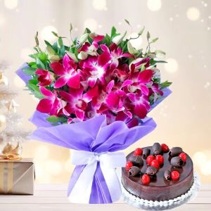 Orchid Blossoms And Exquisite Chocolate Cake