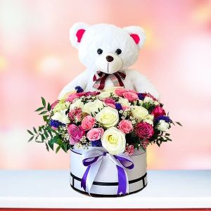 Teddy Bear and Floral Bouquet Arrangement