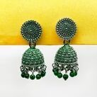 Chic Brass Jhumka Earrings With Green Oxidation