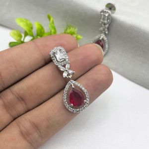Garnet AND Cz Silver-plated Drop Earrings