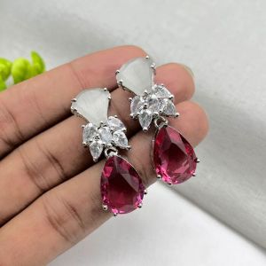 Moonstone, Ruby, And Cz Silver-plated Drop Earrings