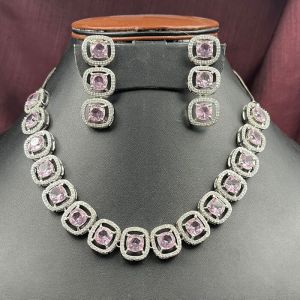 Silver Plated Necklace And Earrings Set With Pink Zircon And Ad Stones