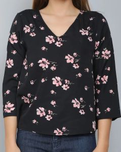 Black Floral V-neck Women Top S, Xl