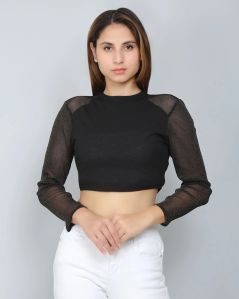 Black Mesh Women Crop Top Xl Night Parties, Casual Daytime Look, Night Out