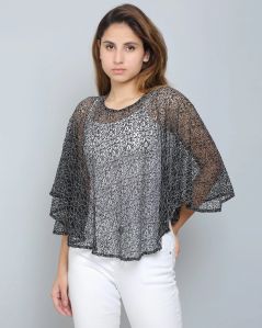 Black Self Design Lace Poncho For Women