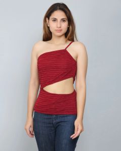 Burgundy Self-design Frill Cut-out Women Top