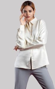 Cream Satin Formal Women Shirt