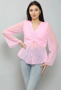 Light Pink Self Design Peplum Women Top