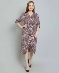 Mauve Pink Leopard Print Midi Women Dress