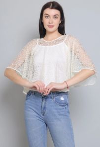 Off White Self Design Lace Poncho For Women