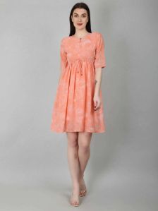 Peach Tropical Fit & Flare Women Dress