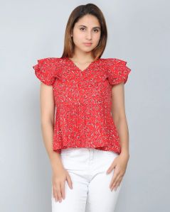 Red Floral Ruffle Women Top