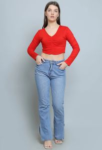 Red Ruched V-neck Women Top