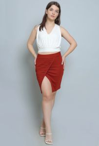 Rust Pleated Wrap Women Skirt Xl, Length : Above Knee