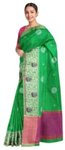 Ksr Handlooms Green Embroidered Linen Work Saree