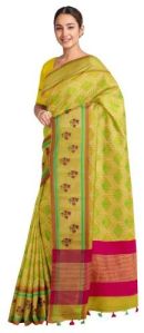 Ksr Handlooms Olive Yellow Muga Work Printed Saree