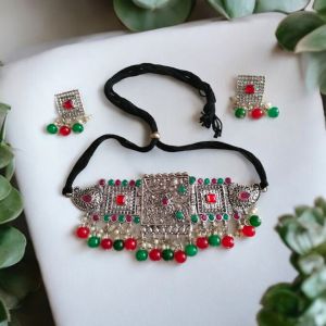 04 Oxidized Kundan Choker Necklace Set Antique Party Wear, Packaging Type : Plastic Box