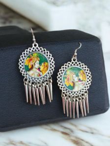 7O Ladies Radha Krishna Silver Oxidized Drop Earrings