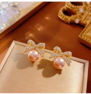 JJK32 Ladies Trendy Bow Pearl Stone Earrings