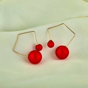 JJK40 Ladies Hexa Shape Red Pearl Drop Earrings