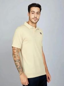 Mens Beige Polyester Polo T-Shirt