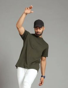 Mens Military Green Round Neck Cotton T-shirt